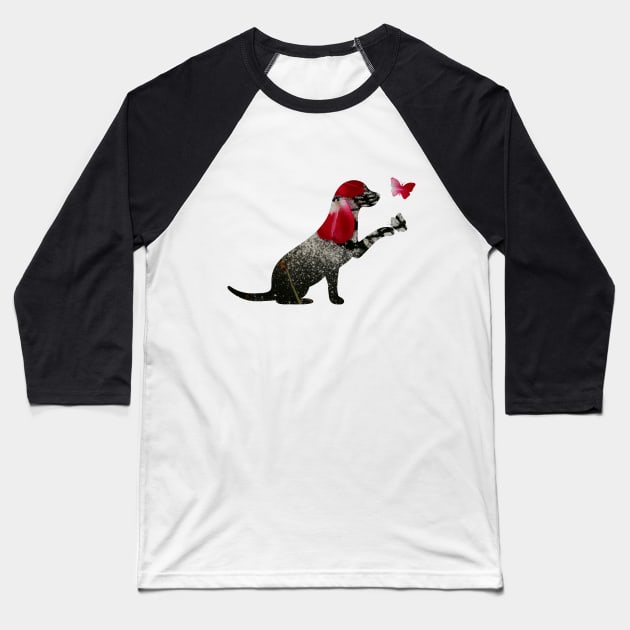 Black Dog with Rose Petals and Butterflies Baseball T-Shirt by Celestial Mystery